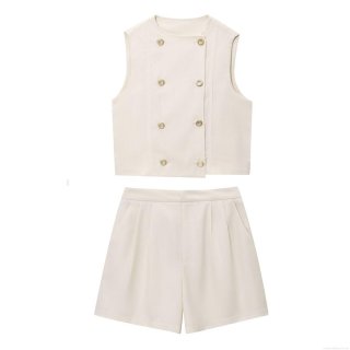 Women's 2 Piece Summer Set Double Breasted Sleeveless Vest And High Waist Shorts Cotton Linen Texture Casual Outfits Cream Suit For Women