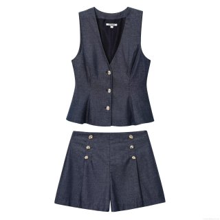 Women's 2 Piece Tencel Denim Shorts Set V Neck Sleeveless Waistcoat Vest and Double Breasted High Waist A-Line Shorts Streetwear Casual Party Outfit Dark Blue