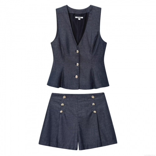 Women's 2 Piece Tencel Denim Shorts Set V Neck Sleeveless Waistcoat Vest and Double Breasted High Waist A-Line Shorts Streetwear Casual Party Outfit Dark Blue