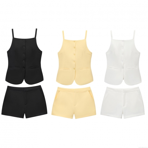 Women's Summer Casual Two Piece Shorts Set Button Down Sleeveless Vest Top and High Waist Shorts Polyester Streetwear Solid Color Outfit