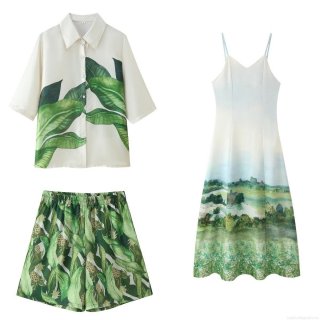 Women Tropical Leaf Print Short Sleeve Shirt High Waist Shorts And Scenery Oil Painting Strap Dress 3-Piece Set Summer Vacation Streetwear Polyester Outfits