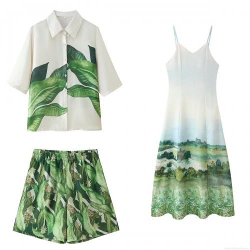 Women Tropical Leaf Print Short Sleeve Shirt High Waist Shorts And Scenery Oil Painting Strap Dress 3-Piece Set Summer Vacation Streetwear Polyester Outfits