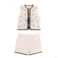 Women's Bohemian Geometric Embroidery Vest and Shorts Two Piece Set Sleeveless Tassel Waistcoat and High Waist Shorts Summer Ethnic Style Casual Outfit