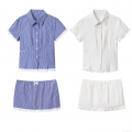 Women Summer Two Piece Outfits Ruffle Trim Plaid Short Sleeve Button Down Shirt and Elastic Waist Culottes Shorts Set Sweet Casual Streetwear Clothes