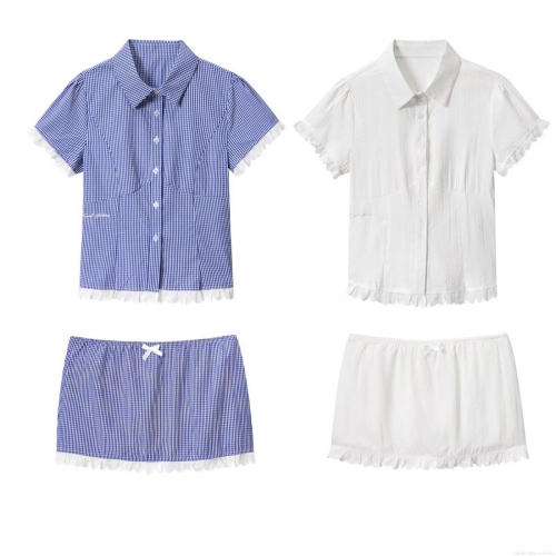 Women Summer Two Piece Outfits Ruffle Trim Plaid Short Sleeve Button Down Shirt and Elastic Waist Culottes Shorts Set Sweet Casual Streetwear Clothes