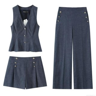 Women's Summer 3-Piece Set Sleeveless V Neck Vest Blazer With High Waist Double Breasted Shorts And Wide Leg Pants Solid Color Polyester Streetwear Outfits