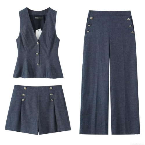 Women's Summer 3-Piece Set Sleeveless V Neck Vest Blazer With High Waist Double Breasted Shorts And Wide Leg Pants Solid Color Polyester Streetwear Outfits