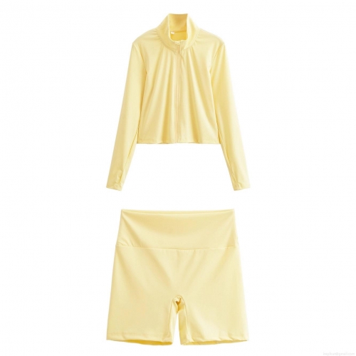Women's Sporty Two Piece Set Polyester Stand Collar Zipper Jacket And High Waist Shorts Set For Fitness Yoga Streetwear Casual Summer Outfits