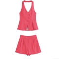 Hot Pink Women Halter V Neck Button Vest And High Waist Pleated Shorts Set Summer Sexy Backless Sleeveless Solid Color Polyester Casual Two Piece Outfit Streetwear