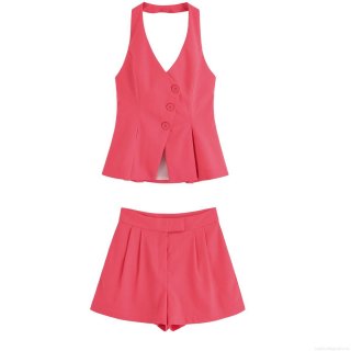 Hot Pink Women Halter V Neck Button Vest And High Waist Pleated Shorts Set Summer Sexy Backless Sleeveless Solid Color Polyester Casual Two Piece Outfit Streetwear