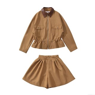 Women's 2-Piece Set Casual Zip-Up Jacket And Shorts Polyester Synthetic Leather Patchwork Streetwear Fashion Autumn Outfits For Women