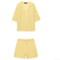 Women's Casual Two Piece Knit Set Hollow Out Crochet Short Sleeve Cardigan And Drawstring Shorts Polyester Western Streetwear Oversized Yellow Outfit