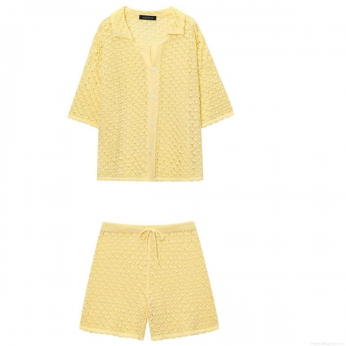 Women's Casual Two Piece Knit Set Hollow Out Crochet Short Sleeve Cardigan And Drawstring Shorts Polyester Western Streetwear Oversized Yellow Outfit