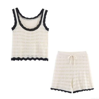 Women's Knitted Two-Piece Shorts Set Contrast Scalloped Trim Crochet Cami Tank Top And Drawstring Shorts Sleeveless Streetwear Casual Loungewear Outfit Cream Black