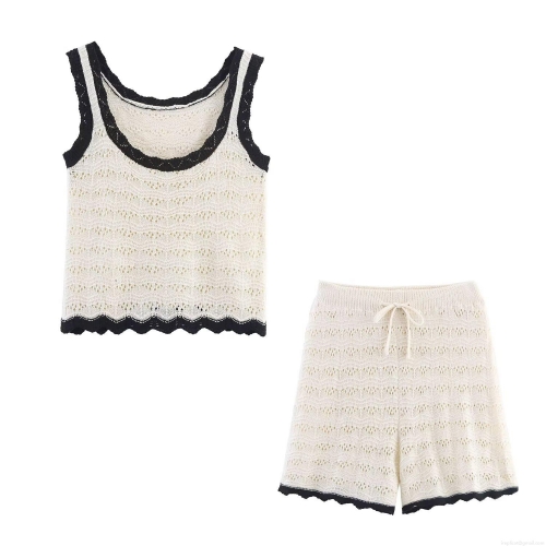 Women's Knitted Two-Piece Shorts Set Contrast Scalloped Trim Crochet Cami Tank Top And Drawstring Shorts Sleeveless Streetwear Casual Loungewear Outfit Cream Black