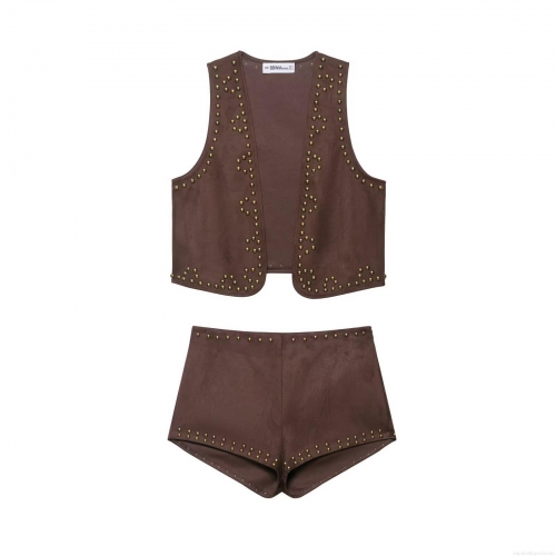 Women's Faux Suede Two Piece Set Sleeveless Rivet Vest And High Waist Shorts Vintage Western Streetwear Outfits For Party Clubwear