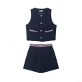 Women Navy Blue Polyester 2 Piece Set Braid Trim Sleeveless Vest Waistcoat Gold Buttons High Waist Shorts Casual Streetwear Outfits