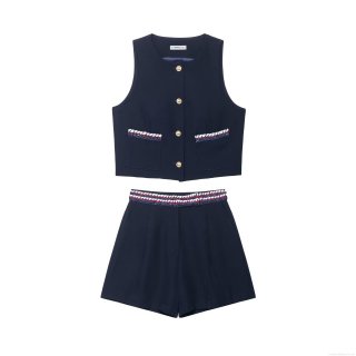 Women Navy Blue Polyester 2 Piece Set Braid Trim Sleeveless Vest Waistcoat Gold Buttons High Waist Shorts Casual Streetwear Outfits