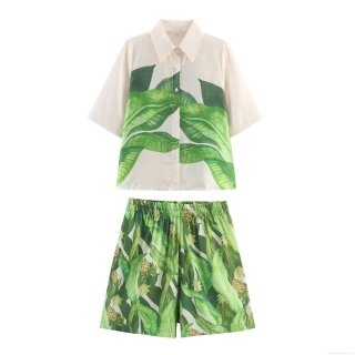 Women's Tropical Plant Print Short Sleeve Shirt and Elastic Waist Shorts Two-Piece Set Summer Beach Vacation Streetwear Casual Outfit