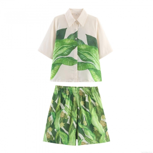 Women's Tropical Plant Print Short Sleeve Shirt and Elastic Waist Shorts Two-Piece Set Summer Beach Vacation Streetwear Casual Outfit