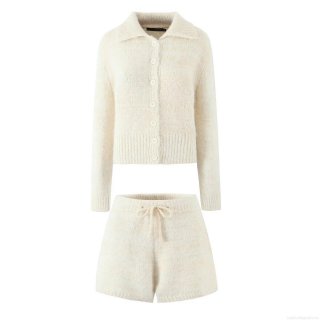 Women's Chic Knitted Two-Piece Set Soft Polyester Blend Lapel Button-Up Cardigan And Drawstring Shorts Casual Warm Lounge Wear Street Style Elegant Outfit