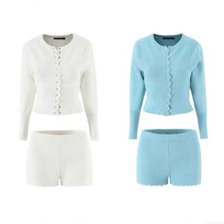 Women's 2 Piece Knit Set Scalloped Scallop Trim Long Sleeve Cardigan and High Waist Shorts Ribbed Knit Autumn Streetwear Lounge Sets Casual Women Outfits