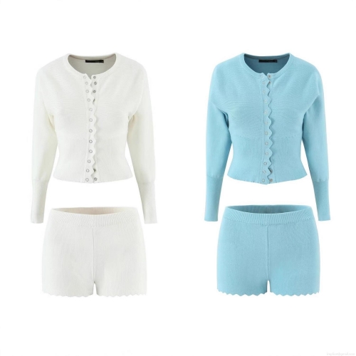 Women's 2 Piece Knit Set Scalloped Scallop Trim Long Sleeve Cardigan and High Waist Shorts Ribbed Knit Autumn Streetwear Lounge Sets Casual Women Outfits