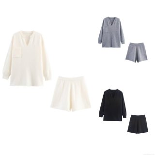 Women Two Piece Knit Set V Neck Long Sleeve Pocket Top And High Waist Casual Shorts Loungewear Outfits