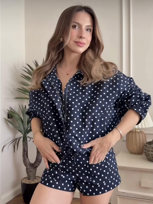 Women Polka Dot Print Jacket And Shorts Set Long Sleeve Stand Collar Drawstring Hem Outerwear Two Piece Outfit Casual Streetwear For Ladies