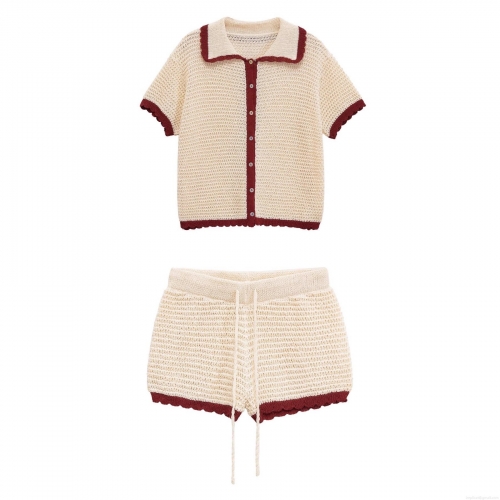 Women's Crochet Knit Two-Piece Set Hollow Out Polo Short Sleeve Cardigan And Drawstring Shorts Wavy Trim Contrast Color Retro Style Summer Outfit