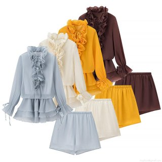 Women's 2 Piece Outfits Elegant Chiffon Ruffle Lantern Long Sleeve Top with 3D Flower Decoration and Casual Shorts Set Autumn Fashion Streetwear Suit