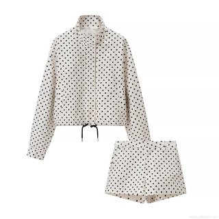Women's Casual Polka Dot Two Piece Outfits Stand Collar Long Sleeve Zipper Jacket and High Waist Shorts Set Streetwear Polyester Fashion Clothing