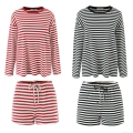 Women's Striped Long Sleeve T-Shirt And Drawstring Shorts Set 95% Cotton 5% Spandex Ribbed Knit Casual Streetwear Loungewear Two-Piece Outfits For Women