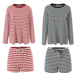 Women's Striped Long Sleeve T-Shirt And Drawstring Shorts Set 95% Cotton 5% Spandex Ribbed Knit Casual Streetwear Loungewear Two-Piece Outfits For Women