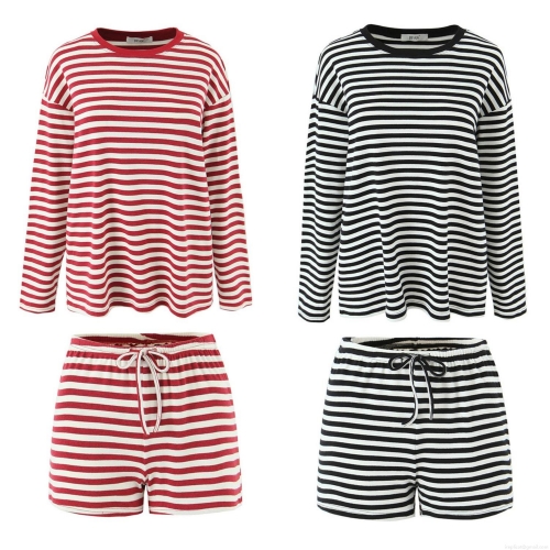 Women's Striped Long Sleeve T-Shirt And Drawstring Shorts Set 95% Cotton 5% Spandex Ribbed Knit Casual Streetwear Loungewear Two-Piece Outfits For Women
