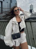 Women's Polka Dot Print 2 Piece Set 100% Polyester Stand Collar Long Sleeve Jacket And High Waist Casual Shorts Set Streetwear Outfit Tracksuit For Autumn