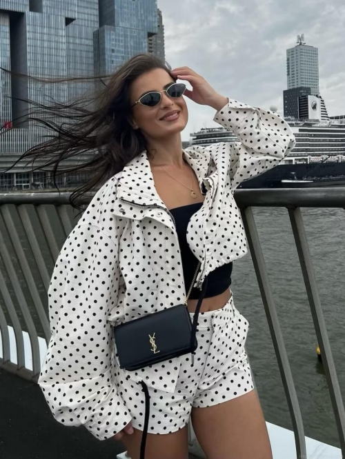 Women's Polka Dot Print 2 Piece Set 100% Polyester Stand Collar Long Sleeve Jacket And High Waist Casual Shorts Set Streetwear Outfit Tracksuit For Autumn
