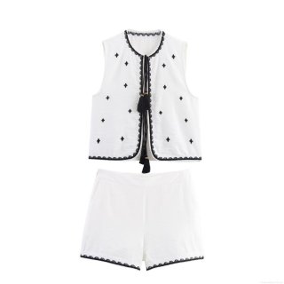 Women's Two Piece Shorts Set Ethnic Geometric Embroidery Sleeveless Tassel Vest Top And Casual Shorts Set Bohemian Summer Streetwear Outfit Polyester Embroidered Two-Piece Suit