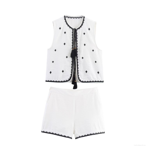Women's Two Piece Shorts Set Ethnic Geometric Embroidery Sleeveless Tassel Vest Top And Casual Shorts Set Bohemian Summer Streetwear Outfit Polyester Embroidered Two-Piece Suit
