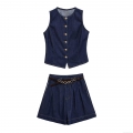 Women's Denim Fabric Polyester Two Piece Set Sleeveless Round Neck Vest With Gold Flower Buttons And High Waist Wide Leg Shorts With Belt Casual Street Style Outfit For Fall
