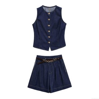 Women's Denim Fabric Polyester Two Piece Set Sleeveless Round Neck Vest With Gold Flower Buttons And High Waist Wide Leg Shorts With Belt Casual Street Style Outfit For Fall