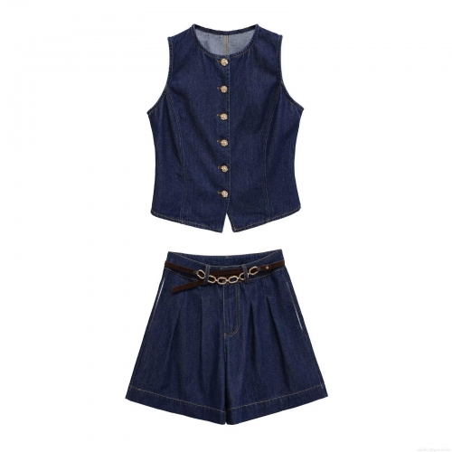 Women's Denim Fabric Polyester Two Piece Set Sleeveless Round Neck Vest With Gold Flower Buttons And High Waist Wide Leg Shorts With Belt Casual Street Style Outfit For Fall