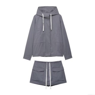 Women's 2-Piece Outfits Set Hooded Drawstring Short Jacket And Cargo Skort Shorts Solid Color Polyester Fabric Western Streetwear Style Casual Suits For Women