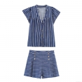 Women's Blue White Stripe Two Piece Set V Neck Fly Sleeve Shirt Top and High Waist Shorts with Gold Buttons Summer Autumn Casual Outfits