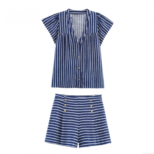 Women's Blue White Stripe Two Piece Set V Neck Fly Sleeve Shirt Top and High Waist Shorts with Gold Buttons Summer Autumn Casual Outfits