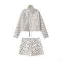 Women's 2 Piece Polka Dot Outfits Polyester Zipper Up Stand Collar Jacket And Drawstring Shorts Set Casual Streetwear Fall Clothing