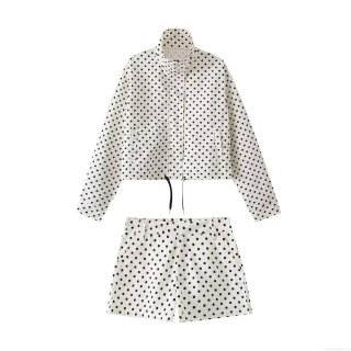 Women's 2 Piece Polka Dot Outfits Polyester Zipper Up Stand Collar Jacket And Drawstring Shorts Set Casual Streetwear Fall Clothing