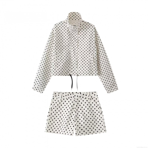 Women's 2 Piece Polka Dot Outfits Polyester Zipper Up Stand Collar Jacket And Drawstring Shorts Set Casual Streetwear Fall Clothing