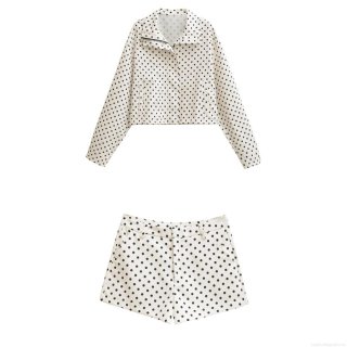 Women's Two Piece Set Autumn Stand Collar Long Sleeve Polka Dot Jacket And High Waist Shorts Streetwear Outfit Polyester White Black Dots Casual Suit