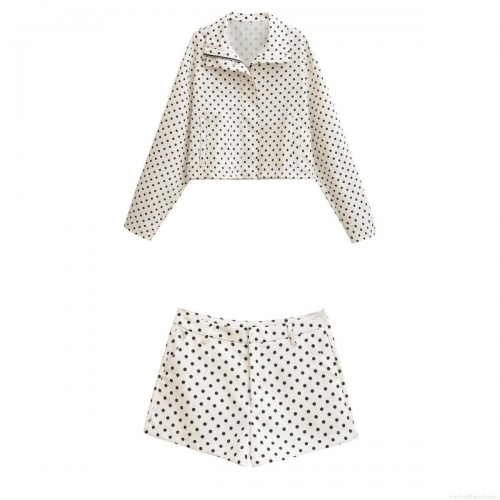 Women's Two Piece Set Autumn Stand Collar Long Sleeve Polka Dot Jacket And High Waist Shorts Streetwear Outfit Polyester White Black Dots Casual Suit